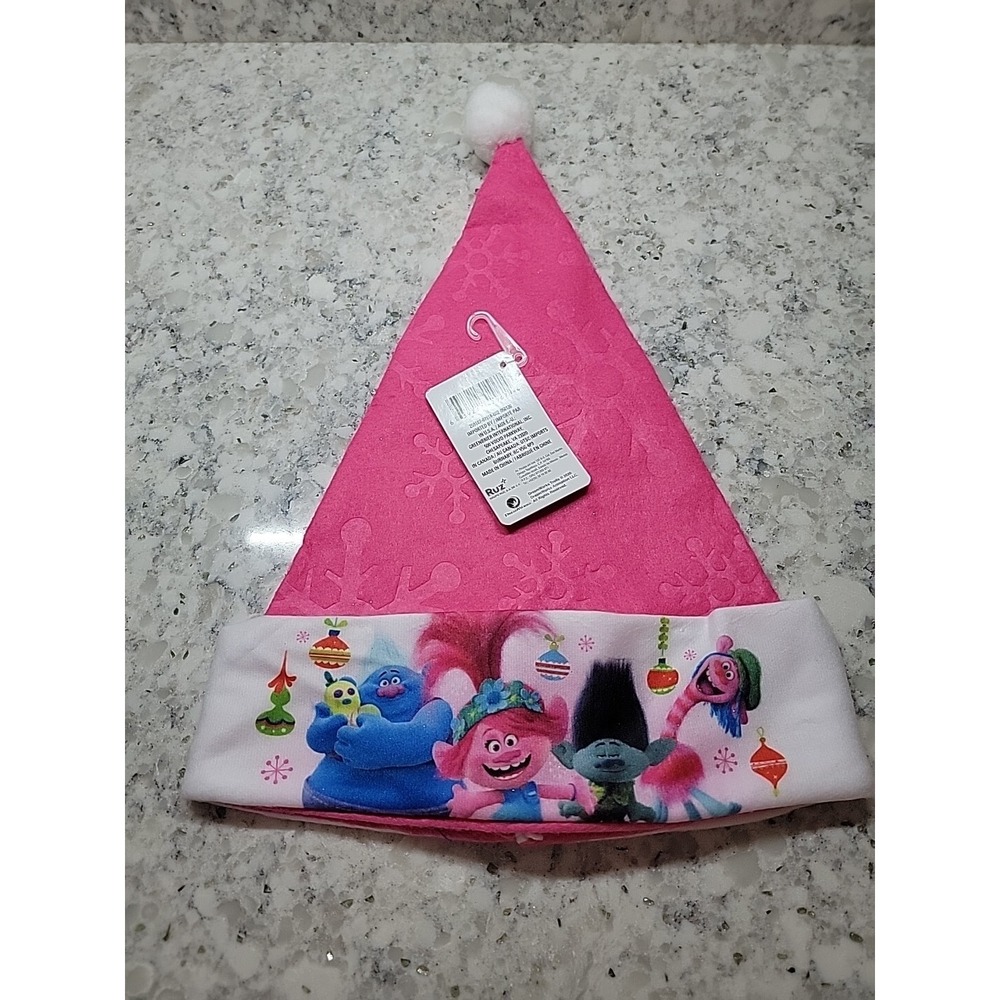 Trolls Bright Pink & White Santa Hat Stocking Cap Pom Pom‎ New